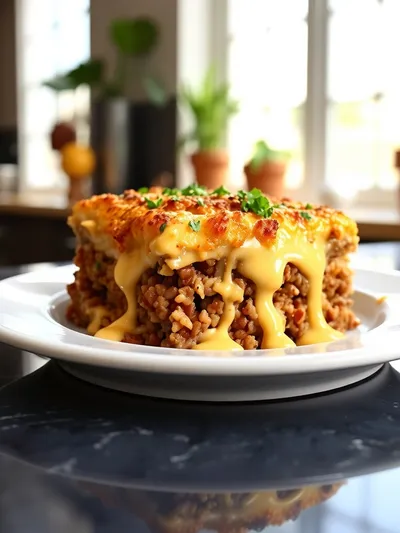 Cheesy Ground Beef and Rice Casserole - ready to serve