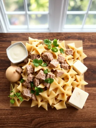 Creamy Beef and Bowtie Pasta - ingredients preparation