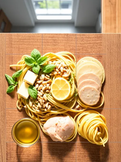 Light Pesto Pasta With Chicken - ingredients preparation