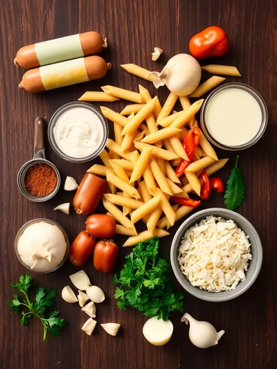 One Pot Creamy Cajun Chicken Sausage Pasta - ingredients preparation