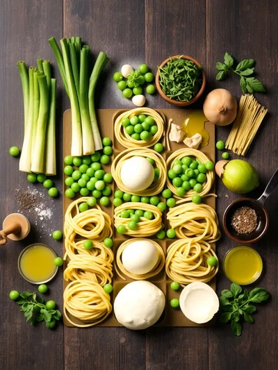 Spring Pasta with Leek & Pea Sauce with Fresh Burrata - ingredients preparation