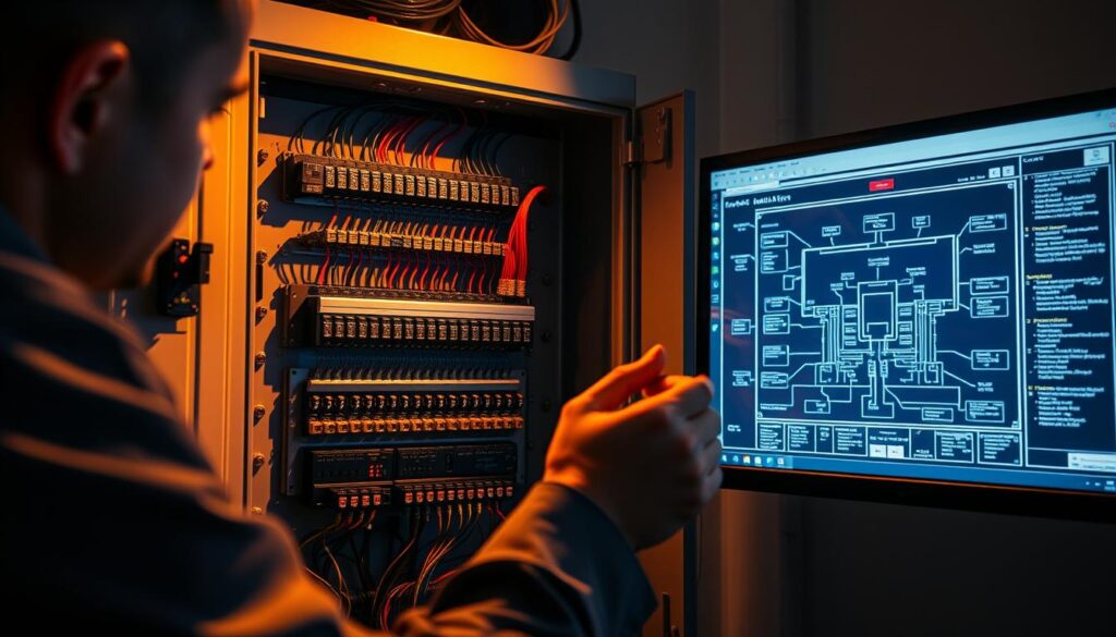 A Class 5 intruder alarm system maintenance technician meticulously inspects the control panel, meticulously checking each component with focused precision. The panel is illuminated by warm, ambient lighting, casting subtle shadows that highlight its intricate wiring and sleek, industrial design. In the background, a technical schematic of the system's architecture is displayed on a computer screen, providing a detailed overview of the system's components and specifications. The technician's hands move with practiced expertise, adjusting settings and checking connections to ensure the system is functioning at optimal performance. The overall atmosphere conveys a sense of professionalism, attention to detail, and the importance of maintaining the integrity of this critical security system.