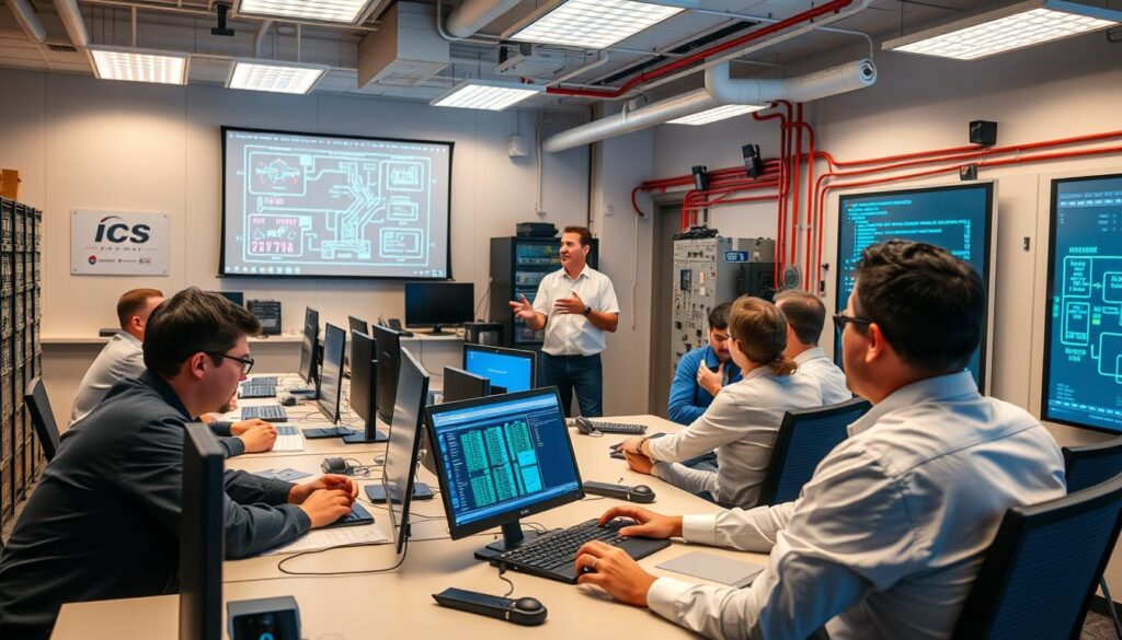 A brightly lit classroom setting with a group of ICS (Industrial Control Systems) security professionals engaged in hands-on training. In the foreground, a team of technicians work diligently on a simulated ICS system, analyzing data flows and troubleshooting potential vulnerabilities. In the middle ground, an instructor gestures animatedly, explaining complex cybersecurity concepts using vivid visuals projected on a large screen. The background features state-of-the-art equipment and infrastructure, conveying the advanced nature of the training facility. The overall atmosphere is one of focused intensity, as the trainees immerse themselves in enhancing their ICS security skills.