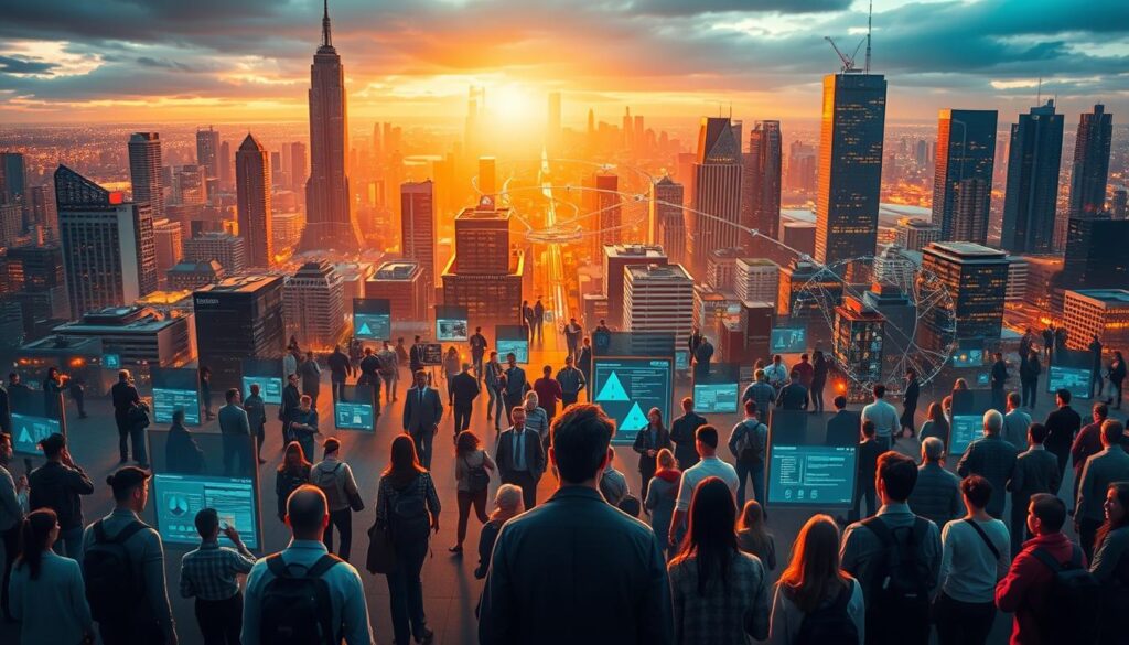 A bustling IT security career landscape, illuminated by a warm, ambient light. In the foreground, a diverse group of professionals navigates various career paths - from cybersecurity analyst to penetration tester, from security engineer to risk manager. The middle ground showcases the interconnected nature of these roles, with data visualizations and security frameworks. In the background, a cityscape reflects the dynamic, ever-evolving nature of the industry, with towering skyscrapers and a technological infrastructure. The scene conveys a sense of purpose, growth, and the vast opportunities available in the field of IT security.