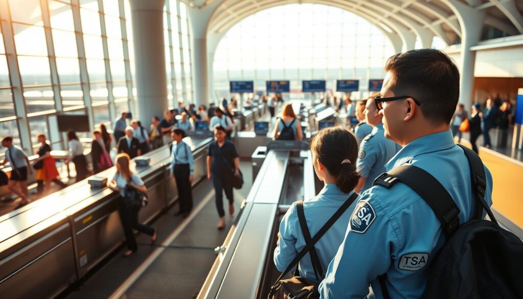 A bustling airport terminal, bathed in warm, natural lighting that filters through the expansive glass walls. In the foreground, travelers pass through security checkpoints, their belongings placed on conveyor belts as TSA agents carefully examine each item. The middle ground features a team of TSA officers monitoring multiple security stations, their uniforms crisp and their expressions focused. In the background, a panoramic view of the airport concourse, with its sleek architectural design and bustling activity, symbolizing the Transportation Security Administration's vital role in maintaining safe and efficient air travel.