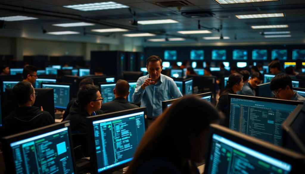 A bustling cybersecurity training facility, bathed in the soft glow of multiple computer monitors. In the foreground, a group of students engrossed in hands-on exercises, their brows furrowed in concentration as they navigate complex network diagrams and security tools. In the middle ground, an instructor gesticulates animatedly, guiding them through the intricacies of penetration testing techniques. The background is filled with the hum of servers and the faint click of keyboards, creating an atmosphere of focused intensity. Subtle lighting casts dramatic shadows, lending a sense of urgency to the scene. The overall mood is one of diligent preparation, as the students hone their skills to tackle the challenges of cybersecurity.