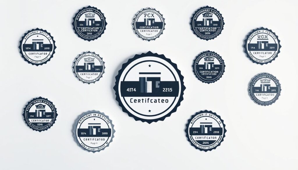 A clean, crisp, and visually striking image showcasing a collection of essential IT certification badges against a minimalist background. The badges should be prominently displayed, each with a distinct icon and certification title, conveying a sense of professionalism and expertise. The lighting should be soft and diffused, creating a balanced, high-quality appearance. The composition should be well-organized, with the certifications arranged in a visually appealing manner, potentially following a grid or radial layout. The overall mood should be one of authority, reliability, and the promise of career-enhancing skills.