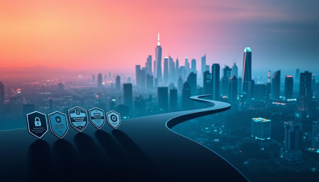 A clean, minimalist cybersecurity certification roadmap rendered in a sleek, corporate style. In the foreground, a collection of digital security badges and certifications are elegantly displayed against a dimly lit backdrop of a futuristic cityscape, its skyscrapers and towers shrouded in a soft, atmospheric haze. The middle ground features a winding path leading through the urban landscape, representing the journey towards acquiring these certifications. The background is dominated by a vibrant, neon-tinged skyline, conveying a sense of technological advancement and progression. Crisp, directional lighting casts dramatic shadows, emphasizing the three-dimensional depth and creating a polished, high-end aesthetic. The overall mood is one of professionalism, ambition, and the pursuit of cybersecurity expertise.