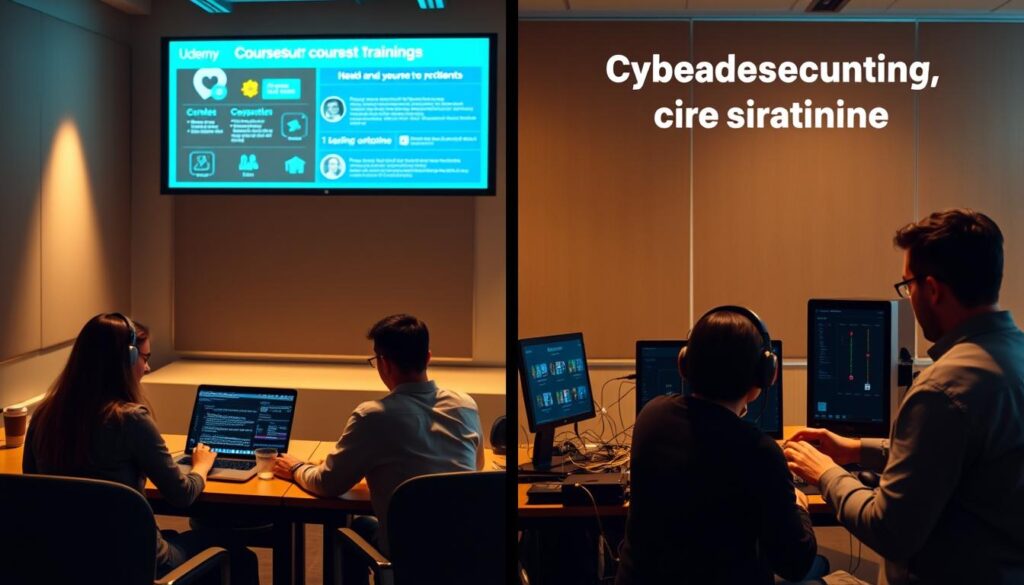 A comparative visual analysis of cybersecurity training options, showcasing a side-by-side comparison of Udemy's online courses against traditional in-person programs. The scene depicts a modern, sleek classroom setting with a projection screen in the background, displaying visualizations of course content and learning outcomes. In the foreground, two groups of students engage in hands-on exercises, one using laptops and the other interacting with physical cybersecurity hardware. Warm, neutral lighting illuminates the space, creating a professional and focused atmosphere. The image highlights the versatility and accessibility of Udemy's online cybersecurity training, juxtaposed with the more formal, classroom-based approach of conventional programs.