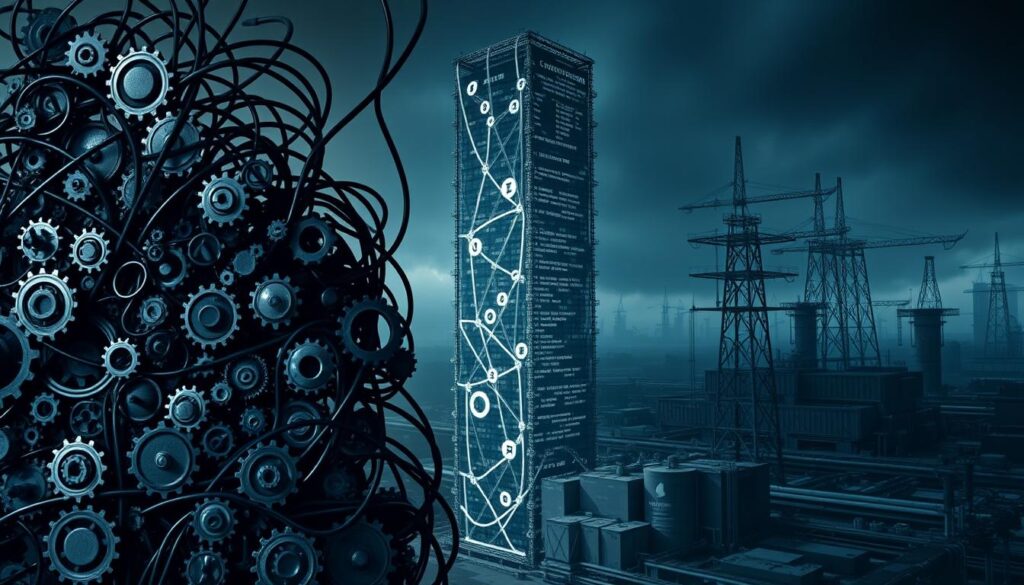 A complex array of interconnected variables and factors that influence the pricing of managed cybersecurity services. In the foreground, a tangled web of overlapping gears, cogs, and mechanisms representing the intricate calculations and formulas used to determine service costs. The middle ground features a towering, multi-layered data structure, casting shadows across the scene, symbolizing the vast amount of data and analytics that go into pricing models. In the background, a stark, industrial landscape with moody lighting and a sense of technical abstraction, highlighting the technical complexity inherent in cybersecurity service pricing. The overall scene conveys a sense of dynamic, interconnected systems and the challenges of navigating the pricing landscape of managed cybersecurity offerings.