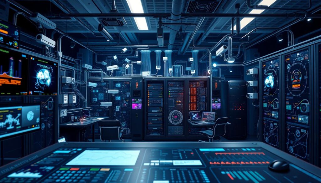 A complex, interconnected communication system for a robust security program. A detailed, holistic view of the core components, operations, and data flows. In the foreground, the main console displays real-time monitoring, analytics, and threat detection. In the middle ground, an array of networked sensors, cameras, and access control devices relay information back to the central hub. In the background, a server rack hums with the processing power required to protect critical assets. Subtle yet powerful lighting creates an atmosphere of vigilance and control. Rendered in a sleek, high-tech aesthetic using a wide-angle lens to capture the scale and complexity of the security system.