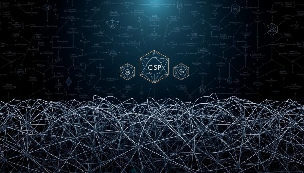 A complex maze of interconnected concepts, formulas, and regulations, representing the intricate nature of the CISSP exam. In the foreground, a tangled web of lines and shapes symbolizes the breadth and depth of the exam's subject matter. The middle ground features a series of abstract geometric forms, each representing a domain or topic within the CISSP syllabus. In the background, a moody, dark atmosphere with subtle hints of light, conveying the sense of challenge and rigor associated with the exam. The overall composition suggests the multifaceted and demanding nature of the CISSP certification, requiring a comprehensive understanding of cybersecurity principles and practices.