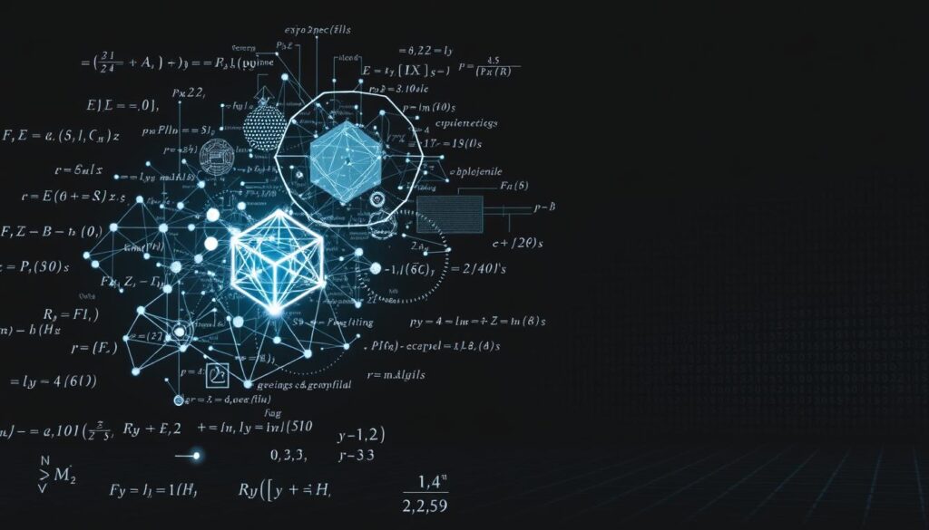 A complex network of mathematical equations, symbols, and algorithms against a stark, monochromatic backdrop. In the foreground, a series of geometric shapes and data visualizations emerge, representing the fundamental principles of cryptography, network security, and risk analysis. The middle ground features a holographic display of interconnected nodes and data streams, conveying the dynamic, ever-evolving nature of cybersecurity. In the background, a grid-like pattern of binary code and circuit board textures, highlighting the technological underpinnings of modern cybersecurity practices. The overall composition evokes a sense of precision, sophistication, and the critical role of mathematics in safeguarding digital systems.