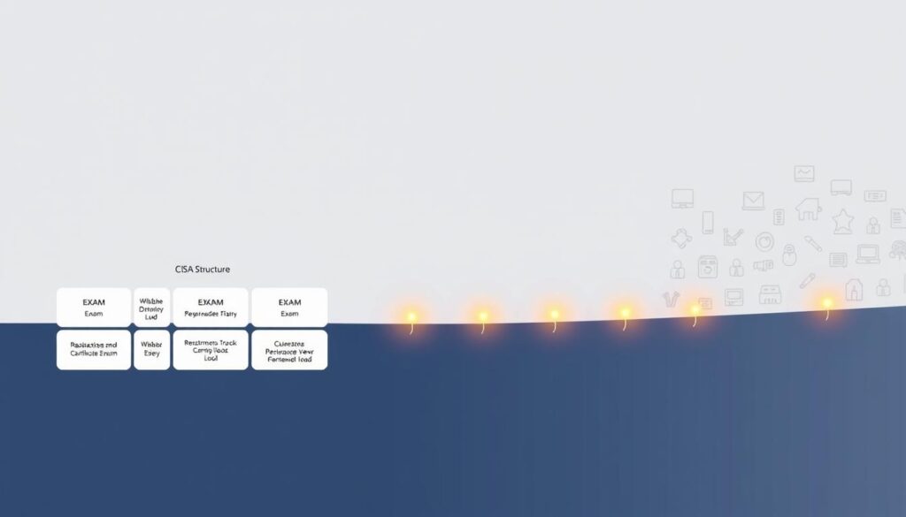 A comprehensive illustration of the CISA exam structure, with a meticulously designed layout showcasing the key components. In the foreground, a sleek, minimalist diagram depicting the exam sections and their weightages, presented against a clean, professional backdrop. The middle ground features a stylized timeline tracing the exam process, from registration to certification, bathed in warm lighting that conveys a sense of progress and achievement. In the background, a subtle pattern of computer hardware and security icons, hinting at the technical expertise required to excel in the CISA certification. The overall image strikes a balance between informative clarity and visually appealing design, perfectly suited to introduce the audience to the structure of the CISA exam.