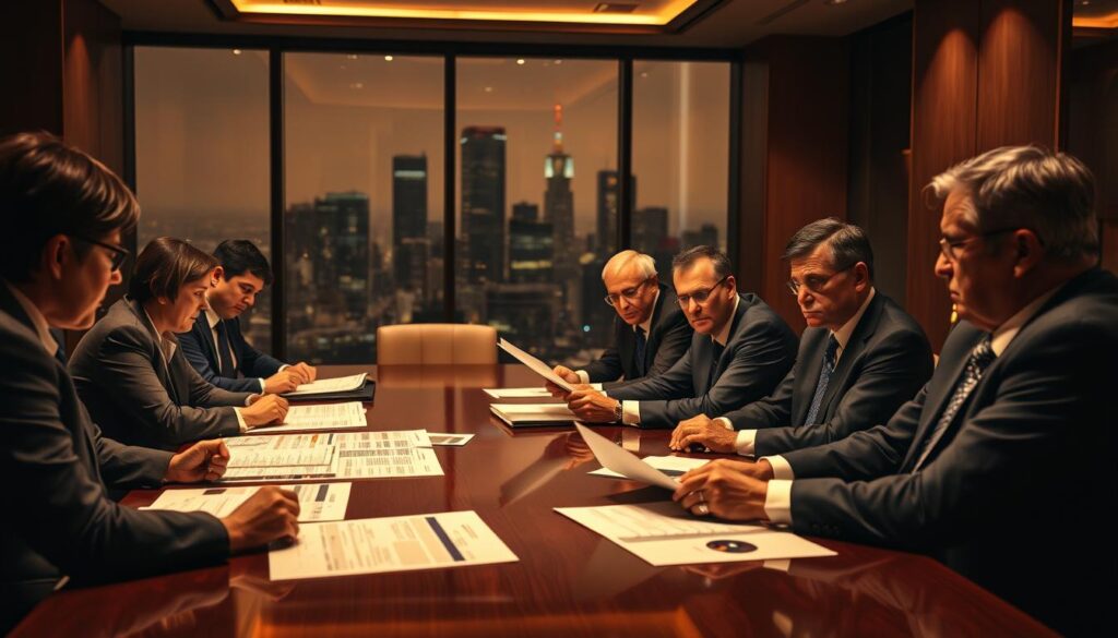 A corporate boardroom, dimly lit with warm, golden lighting. At the head of a long, polished mahogany table, a group of serious-faced C-suite executives engage in a heated risk management discussion. Their expressions convey a sense of concern and responsibility as they pore over financial reports and charts. In the background, the city skyline is visible through floor-to-ceiling windows, creating a sense of the high-stakes corporate world. The scene is captured with a medium-to-wide angle lens, emphasizing the gravity of the situation and the weight of the decisions being made.