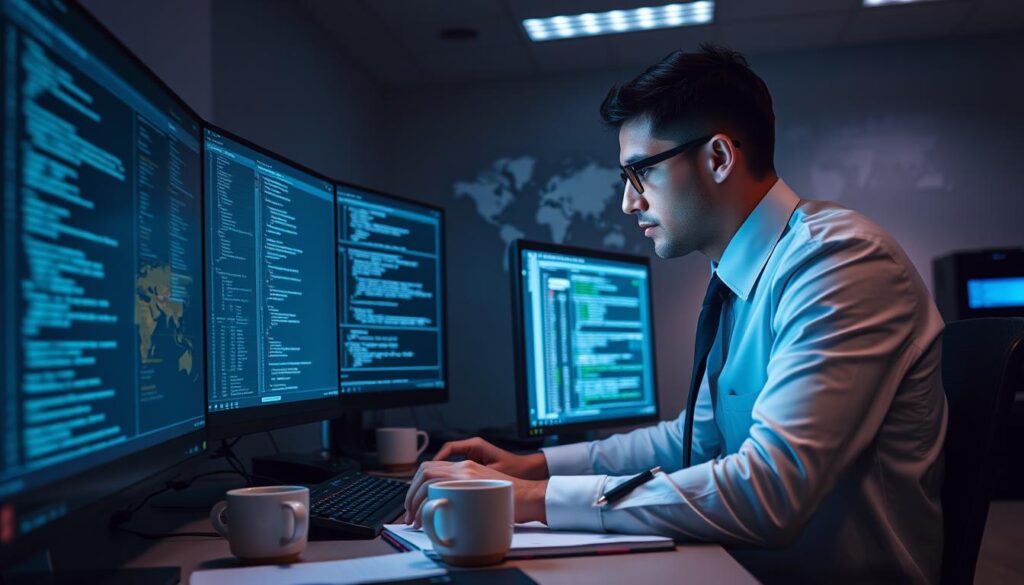 A cybersecurity analyst, dressed in a collared shirt and tie, intently focuses on multiple high-resolution displays in a dimly lit, modern office. The soft glow of the screens illuminates their face as they analyze lines of code, network traffic, and security alerts. The desk is cluttered with notebooks, coffee mugs, and various cybersecurity tools. In the background, a sleek server rack hums softly, while a world map on the wall highlights the global scale of the analyst's work. A sense of purpose and concentration permeates the scene, as the analyst works to safeguard the organization's digital assets.