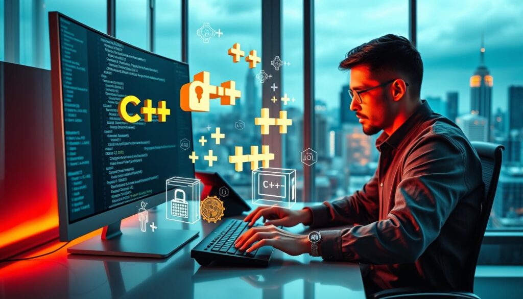 A cybersecurity analyst working at a sleek, modern office desk, the glow of a large high-resolution computer monitor casting a warm light on their face as they type furiously on a mechanical keyboard. In the foreground, various C++ programming code snippets and cybersecurity-themed icons float in a dynamic, 3D-rendered display. The background showcases a cityscape of skyscrapers and data centers, hinting at the crucial role C++ plays in securing complex digital infrastructure. The scene conveys a sense of technological prowess, urgency, and the power of C++ to tackle the challenges of the cybersecurity domain.