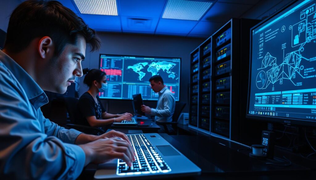 A cybersecurity command center, with a team of professionals intently monitoring multiple screens displaying complex data visualizations and network topology maps. In the foreground, a security analyst closely examines a line of code, fingers flying across a sleek, backlit keyboard. The middle ground features a data scientist scrutinizing intrusion detection reports, while a network engineer Fine-tunes firewall configurations on a large, curved display. The background depicts a rack of servers and security appliances, bathed in a cool, blue-tinted lighting that casts an authoritative, high-tech ambiance. The scene conveys the precision, focus, and technical prowess required to safeguard digital assets in the modern, ever-evolving cybersecurity landscape.