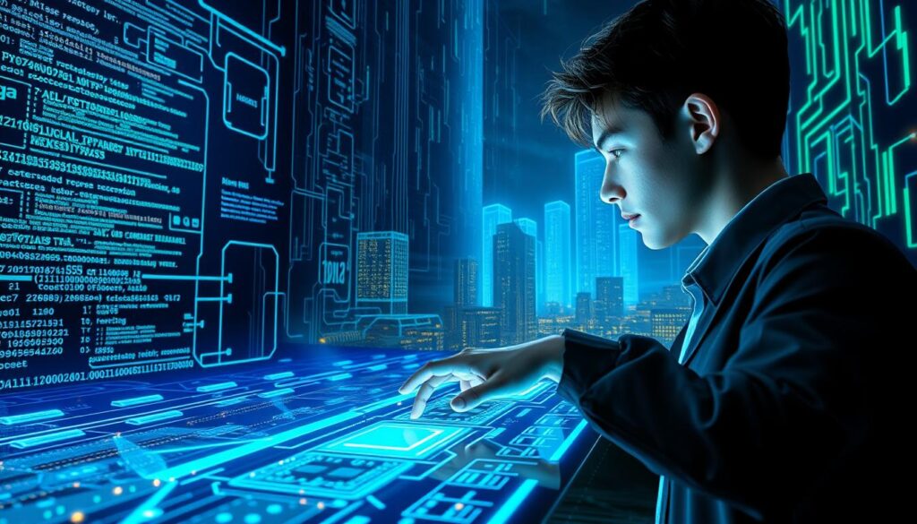 A cybersecurity degree program set against a backdrop of digital technology. In the foreground, a student immersed in a virtual landscape of complex algorithms, firewalls, and encrypted data streams, their hands deftly navigating a sleek, futuristic interface. In the middle ground, towering monoliths of binary code and glowing circuit boards suggest the rapid acceleration of cybersecurity knowledge. The lighting is a mix of cool, electric blues and vibrant greens, creating an atmosphere of innovation and urgency. The overall scene conveys the dynamic, ever-evolving nature of the cybersecurity field and the need for accelerated learning to keep pace with the rapidly changing technological landscape.