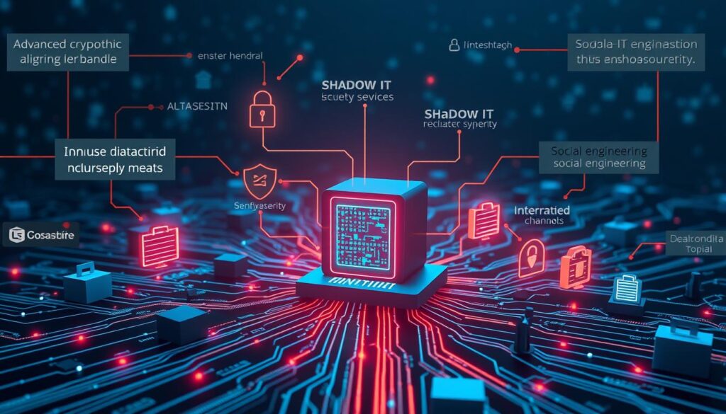 A cybersecurity landscape with a central node representing a computer system, surrounded by various interconnected devices, networks, and security concepts. In the foreground, advanced cryptographic algorithms, firewalls, and intrusion detection systems protect the central hub. In the middle ground, data flows securely through encrypted channels, while in the background, shadow IT and social engineering threats loom. The scene is illuminated by a soft, blue-tinted lighting, creating a sense of technological sophistication and vigilance. The overall composition conveys the multifaceted nature of cybersecurity, its technical complexities, and the constant battle to safeguard digital assets.