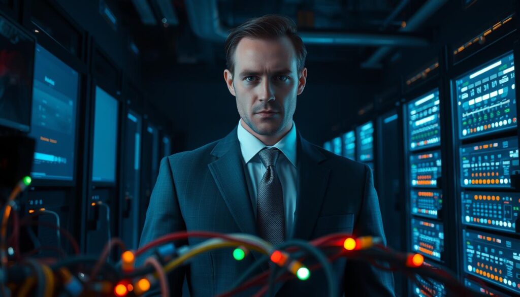A cybersecurity professional, clad in a sleek, charcoal-gray suit, stands confidently in a dimly lit server room. Their face is partially obscured by the glow of multiple monitors, casting an intense, focused expression. In the foreground, a tangle of colorful cables and blinking LED lights hint at the intricate, technological nature of their work. The background is shrouded in shadows, emphasizing the importance of the professional's role in safeguarding the digital landscape. The image is captured with a wide-angle lens, giving a sense of depth and scale to the scene, while a soft, dramatic lighting setup accentuates the gravity of the profession.
