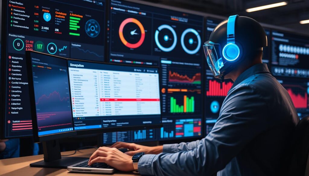 A cybersecurity specialist monitoring a security dashboard