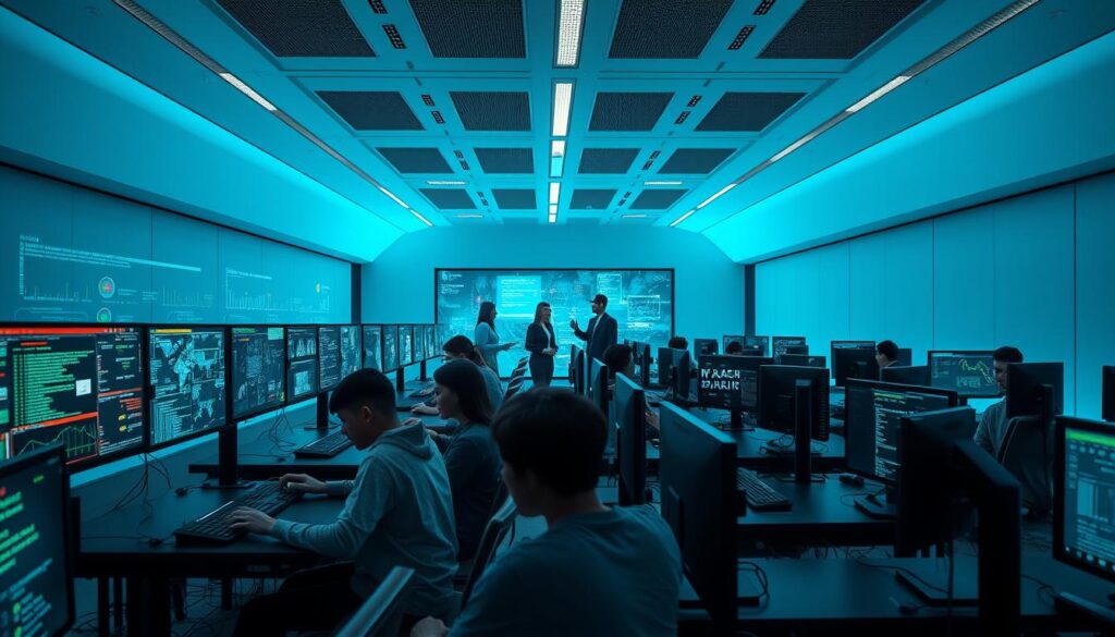 A cybersecurity training facility with an immersive, high-tech environment. In the foreground, a group of learners intensely focused on their computer screens, fingers flying across keyboards as they analyze complex data and code. Holographic displays and futuristic interfaces project intricate cybersecurity visualizations. In the middle ground, instructors pace the room, guiding students through hands-on exercises that develop critical thinking and problem-solving skills. The background features a sleek, minimalist architecture with clean lines and sharp angles, conveying a sense of precision and order. Soft, blue-tinted lighting casts an aura of professionalism and innovation, as the learners hone the technical prowess needed to stay ahead of evolving cyber threats.