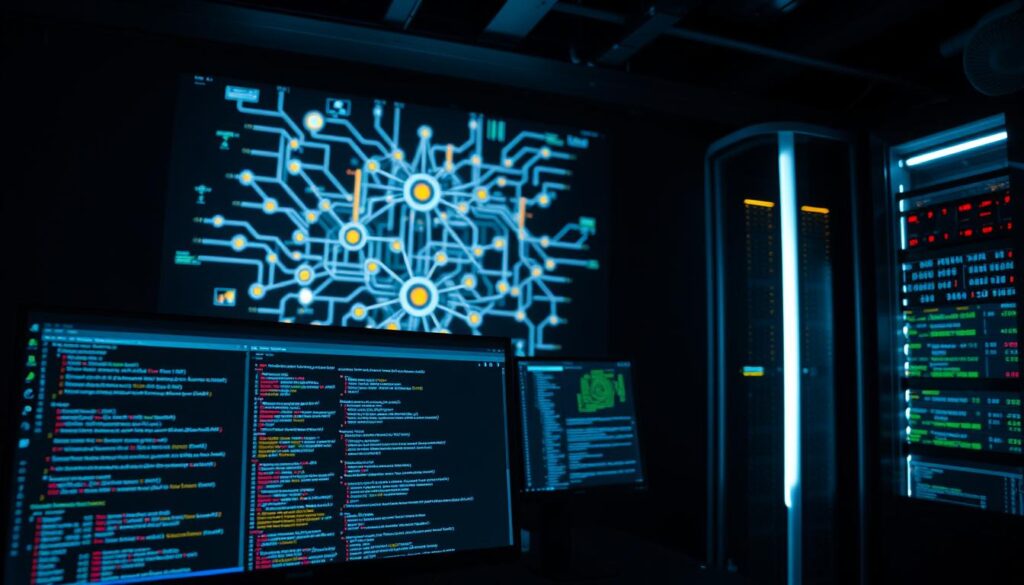 A cybersecurity workstation in a dimly lit, high-tech environment. In the foreground, a desktop computer with various C++ programming windows open, showcasing advanced cybersecurity tools and algorithms. In the middle ground, a large wall-mounted display depicts a complex network topology, with real-time data visualizations and threat monitoring dashboards. In the background, a sleek, futuristic server rack hums softly, its LED lights pulsing with activity. The overall scene conveys a sense of expertise, power, and the crucial role of C++ in the realm of cybersecurity.