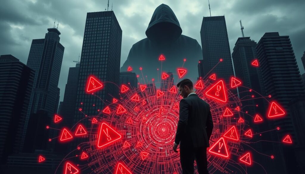 A dark, ominous cityscape with towering skyscrapers and a gloomy, overcast sky. In the foreground, a businessman in a suit stands amidst a swirling vortex of digital data, symbols, and glowing red warning signs, representing the overwhelming complexity and cost of cybersecurity threats. The middle ground features a shadowy hacker figure looming in the background, their malicious intent apparent. Dramatic, low-angle lighting casts dramatic shadows, heightening the sense of danger and urgency. The overall mood is one of anxiety, vulnerability, and the high stakes of inadequate cybersecurity measures.