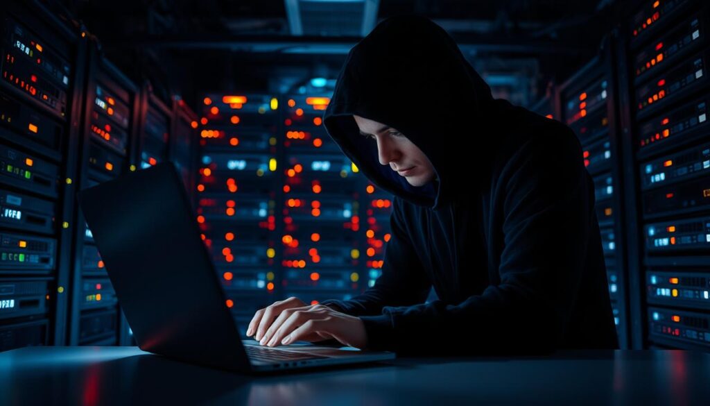 A dark, shadowy figure hunched over a laptop, the glow of the screen casting an ominous light across their face. In the background, a complex network of servers and routers, their lights blinking rhythmically, creating an atmosphere of technological intrigue. The figure's hands move with precision, probing and testing the system's defenses, searching for vulnerabilities to exploit. The scene is tense, the air thick with the weight of the task at hand: penetration testing, a crucial step in securing complex digital infrastructures.