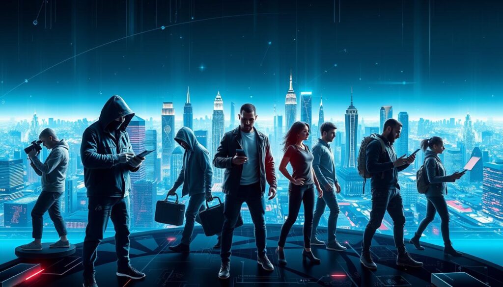 A detailed and visually striking cybersecurity career landscape, showcasing the diverse paths professionals can take. Set against a sleek, high-tech backdrop, the foreground features figures representing key cybersecurity roles - ethical hacker, security analyst, cloud security engineer, cryptographer, and more. Each figure is rendered in a dynamic, cinematic style, conveying the excitement and challenges of the field. The middle ground depicts a dynamic cityscape, with skyscrapers, data centers, and other elements symbolizing the digital world that cybersecurity professionals protect. The background features an expansive, ethereal skyline bathed in a cool, neon-tinged glow, suggesting the scale and complexity of the cybersecurity landscape. The overall composition strikes a balance between the human element and the technological vastness, capturing the essence of cybersecurity careers.