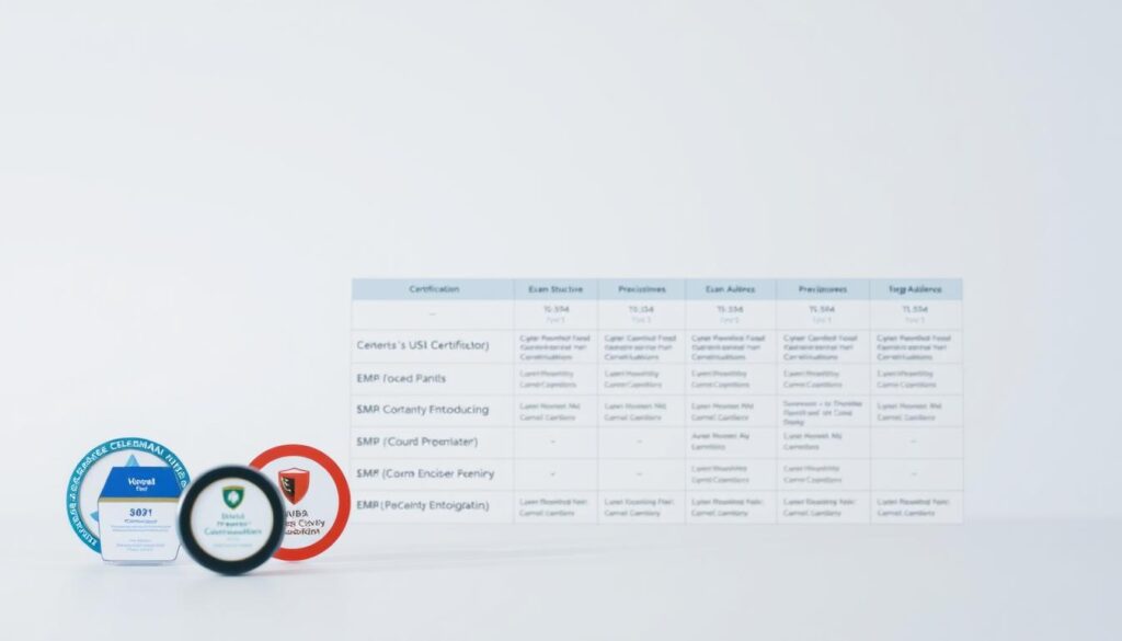 A detailed comparison of cybersecurity certifications, showcased in a sleek, professional layout. In the foreground, several certification logos are prominently displayed, each with a concise label. The middle ground features a tabular layout, highlighting the key attributes of each certification, such as exam structure, prerequisites, and target audience. The background is a subtle, minimalist gradient, allowing the certification information to take center stage. The lighting is soft and even, creating a sense of clarity and authority. The camera angle is slightly elevated, giving the viewer a comprehensive overview of the certification landscape. The overall mood is one of informative professionalism, guiding the viewer through the nuances of these important cybersecurity credentials.