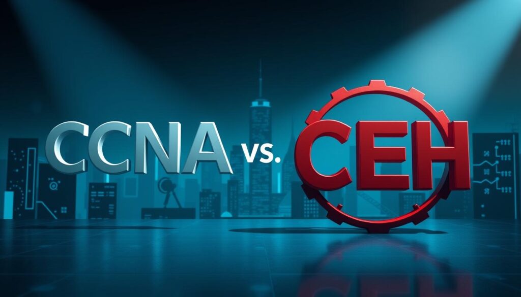 A detailed comparison of the CCNA and CEH certifications, showcased in a striking digital illustration. In the foreground, the CCNA and CEH logos stand side-by-side, rendered in high-fidelity 3D with precise details. The middle ground features silhouettes of network infrastructure and cybersecurity tools, representing the core focus areas of each certification. The background depicts a futuristic cityscape, bathed in cool, bluish tones, evoking the technical and professional nature of the subject matter. Dramatic lighting casts shadows that accentuate the visual contrast between the two certifications. The overall mood is one of authority, relevance, and the serious decision facing the viewer.