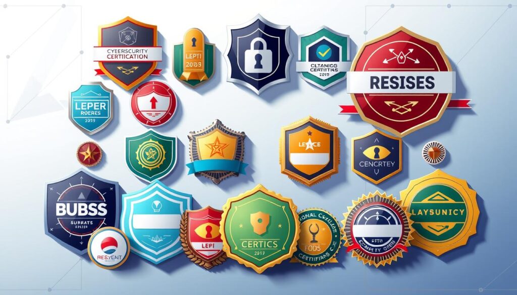 A detailed, high-resolution digital illustration showcasing a diverse array of cybersecurity certification badges and emblems arranged in a stylish, organized composition. The certifications are prominently displayed in the foreground, with a clean, minimalist background featuring subtle geometric patterns or textures that complement the professional, technical nature of the subject matter. The lighting is crisp and evenly distributed, highlighting the intricate details and vibrant colors of the certification designs. The overall mood is one of authority, expertise, and the pursuit of advanced cybersecurity knowledge and skills.
