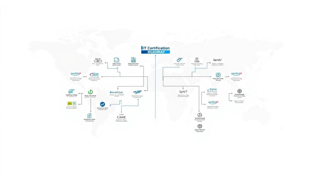 A detailed, informative IT certification roadmap displayed on a clean, minimalist white background. In the foreground, a central branching diagram showcases various certification paths, with each path leading to corresponding skill icons and certification logos. The middle ground features a subtle grid-like structure, guiding the viewer's eye through the certification options. In the background, a softly blurred world map suggests the global reach and applicability of these IT certifications. The overall composition conveys a sense of structure, guidance, and the breadth of opportunities within the IT certification landscape.