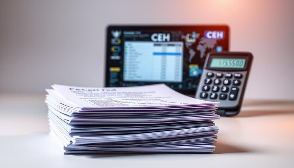 A detailed, meticulously crafted image showcasing the cost breakdown for the CEH (Certified Ethical Hacker) certification. Set against a clean, professional background, the foreground features a stack of neatly organized documents outlining the various expenses - exam fees, training materials, certification renewals, and any additional costs. The middle ground includes a laptop or tablet displaying a financial calculator, emphasizing the need to evaluate the return on investment. The background subtly incorporates relevant cybersecurity imagery, such as digital network diagrams or security icons, to reinforce the technical nature of the certification. Warm, directional lighting casts a focused, authoritative mood, highlighting the importance of the CEH credential in the field of ethical hacking.