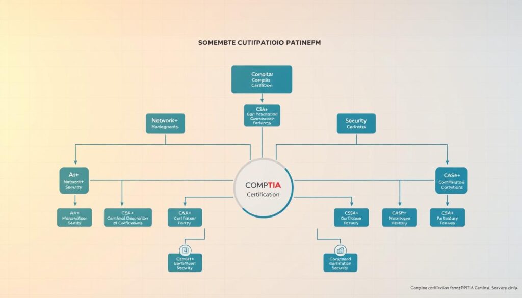 A detailed organizational chart depicting the CompTIA certification pathways. In the foreground, a central hub showcases the core CompTIA certifications, such as A+, Network+, and Security+, each represented by a distinct icon. In the middle ground, branching pathways radiate outwards, highlighting specialized certifications like CySA+, CASP+, and PenTest+. The background features a clean, professional backdrop with subtle gridlines, suggesting the structured, career-focused nature of the CompTIA certification ecosystem. Warm, neutral lighting casts a sense of authority and credibility, while a slightly elevated camera angle conveys a comprehensive, bird's-eye view of the complete CompTIA certification landscape.
