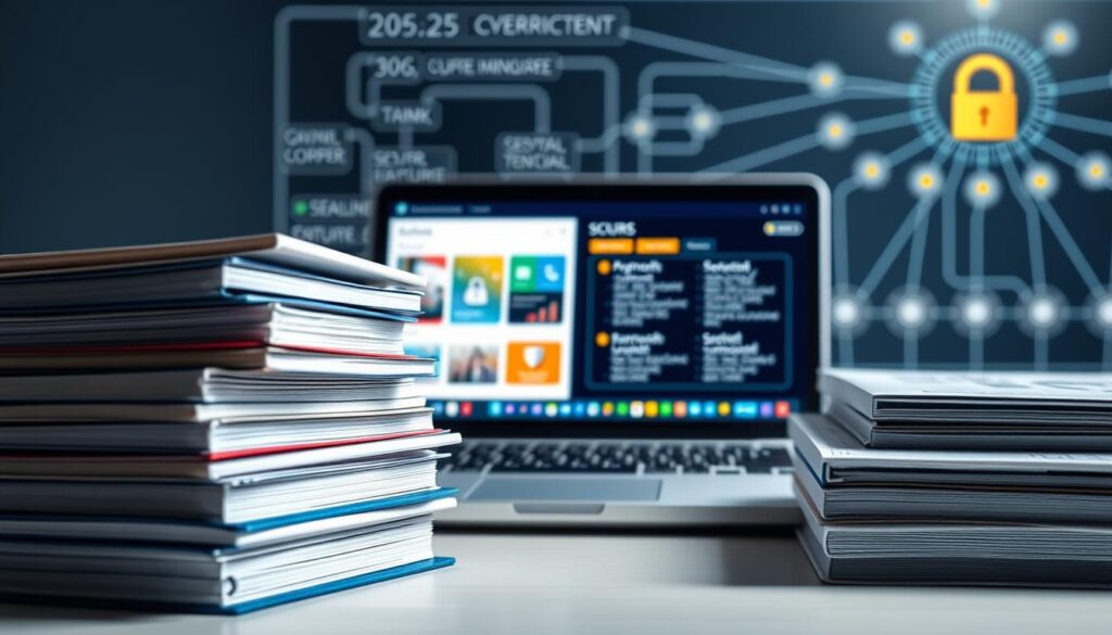 A detailed, organized cybersecurity course curriculum rendered in a clean, modern aesthetic. In the foreground, a stack of textbooks and folders with cybersecurity-themed icons and labels. In the middle ground, a laptop displaying a dashboard with various cybersecurity topics. In the background, a schematic diagram of a network infrastructure with secure connections. The lighting is bright and crisp, with a soft, professional tone. The overall composition conveys a sense of structure, organization, and the comprehensive nature of the cybersecurity curriculum.