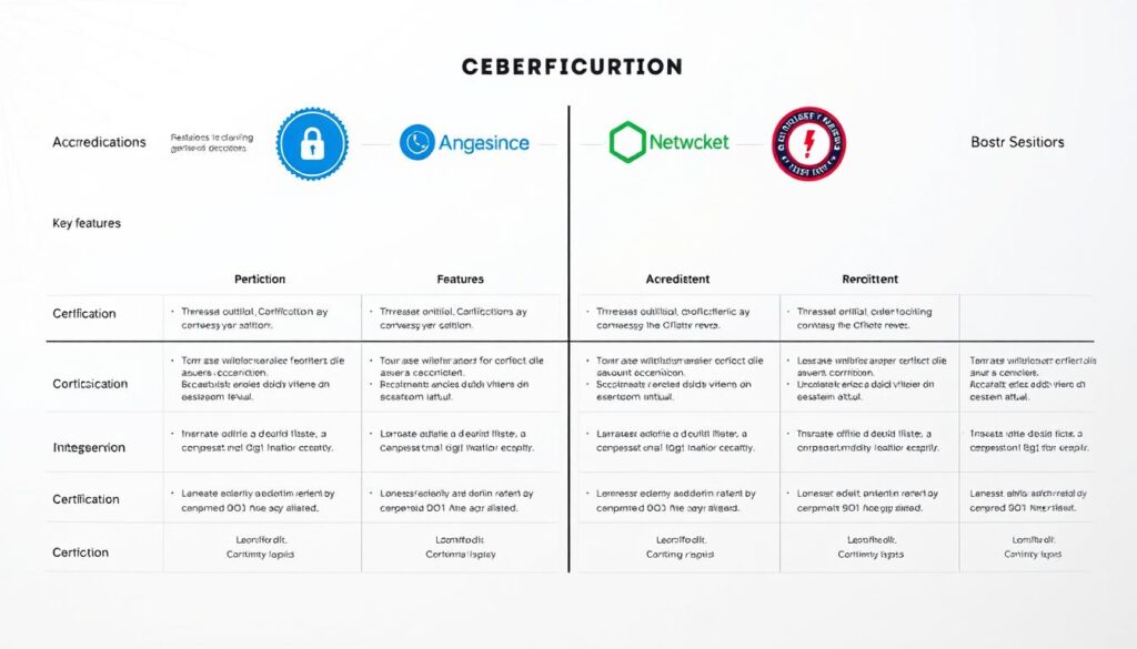 A detailed side-by-side comparison of cybersecurity certifications, including their logos, key features, and accreditation levels. The image has a clean, minimalist design with a white background, allowing the certifications to stand out. The layout is organized and symmetrical, with the certifications arranged in a grid pattern. The overall mood is informative and professional, conveying the technical nature of the subject matter. Crisp lighting casts subtle shadows, enhancing the depth and three-dimensional appearance of the certifications. The angle and perspective provide a balanced, high-quality view of the certifications, making it easy for the viewer to assess and compare the different options.