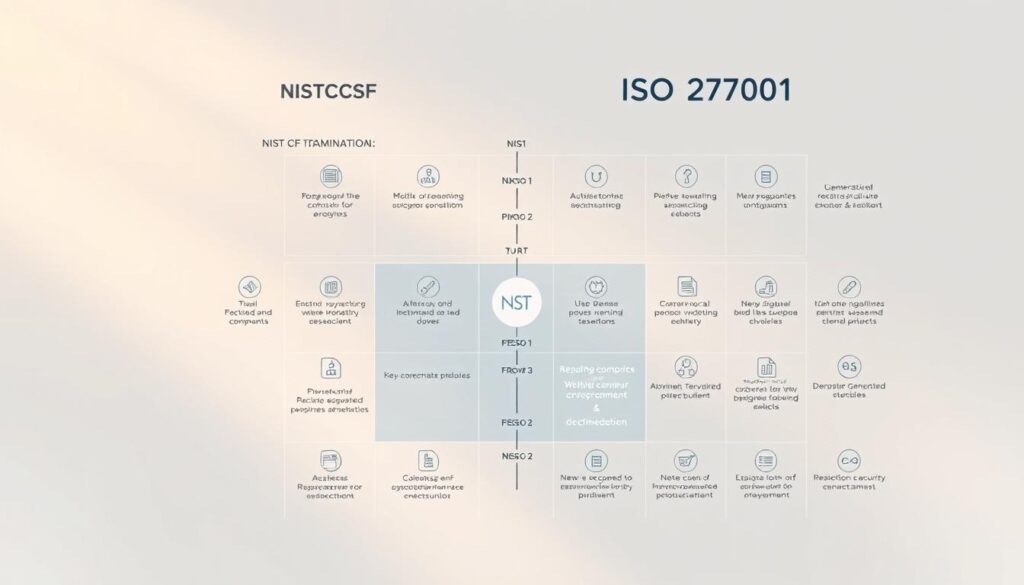A detailed side-by-side comparison of the NIST Cybersecurity Framework (NIST CSF) and ISO 27001 information security standard, rendered in a clean, minimalist style with a focus on visual clarity. The image should depict the key elements, principles, and differences between the two cybersecurity frameworks, using crisp icons, geometric shapes, and a muted color palette to create a professional, technical atmosphere. Subtle lighting from the top left casts warm shadows, highlighting the contrast and relationship between the NIST CSF and ISO 27001 components. The composition should be balanced and intuitive, guiding the viewer's eye through the visual representation of these important cybersecurity management systems.