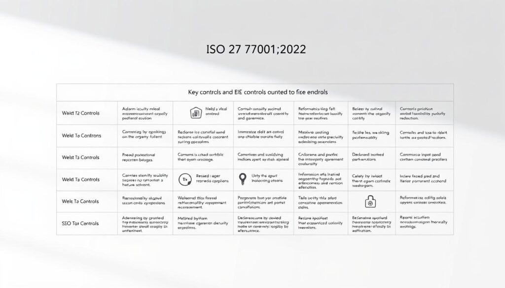 A detailed technical diagram depicting the key controls and requirements outlined in ISO/IEC 27001:2022 Annex A. The scene features a clean, minimalist layout with a white background, allowing the controls to be the central focus. The controls are displayed as sleek, geometric shapes and icons, arranged in a structured grid pattern to convey the systematic nature of the standard. Soft, directional lighting casts subtle shadows, adding depth and dimension to the design. The overall tone is professional, authoritative, and visually engaging, reflecting the importance of the information security management system standard.