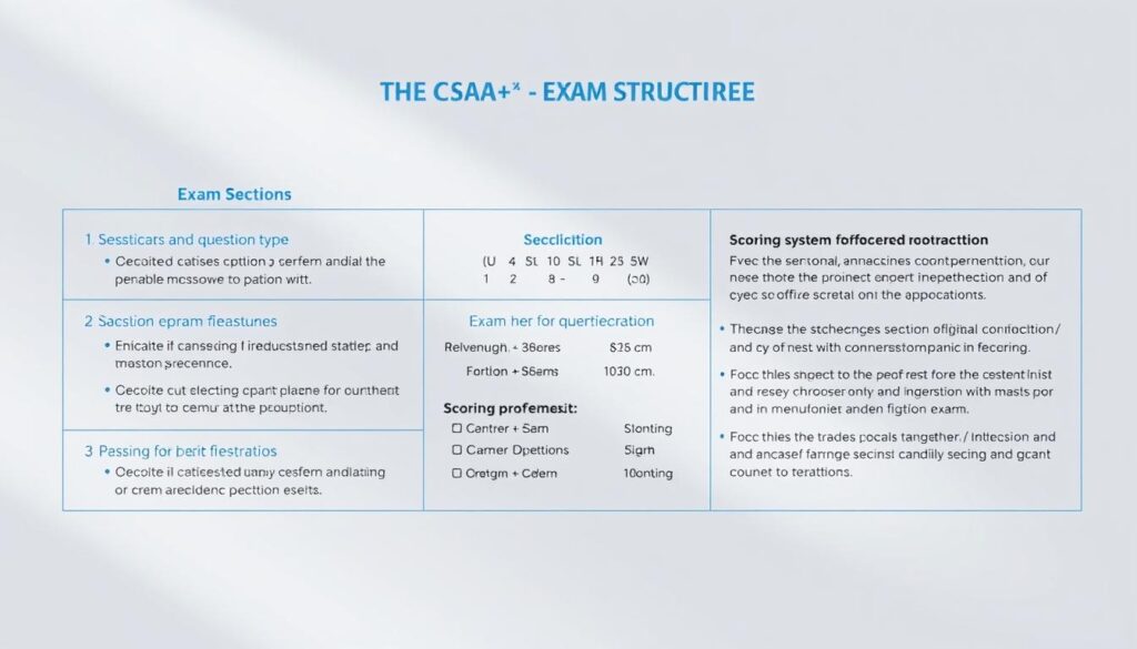 A detailed, technical illustration of the CySA+ exam structure, captured with a professional-grade camera lens in soft, diffused natural lighting. The foreground depicts the exam sections and question types, presented in a clear, structured layout. The middle ground showcases the scoring system, exam duration, and passing requirements. The background gently fades into a subtle, neutral tone, allowing the key information to take center stage. The overall mood is one of informative clarity, helping the viewer understand the comprehensive nature of the CySA+ certification exam.