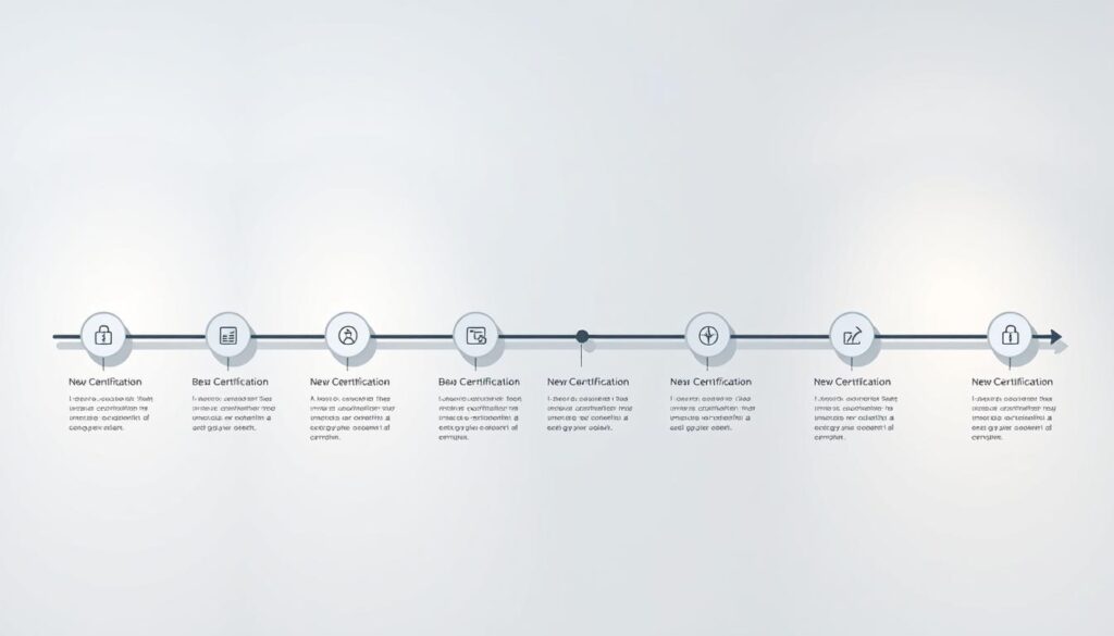 A detailed timeline illustrating the key steps and milestones in the ISO 27001 certification process. A clean, minimalist style with a subtle technical aesthetic. The timeline is depicted as a series of interconnected circular elements arrayed across a neutral background, with icons and concise labels conveying the certification workflow. Soft lighting from above casts gentle shadows, creating depth and emphasizing the sequential nature of the process. The overall design is polished and information-rich, providing a clear visual reference for the certification timeline.