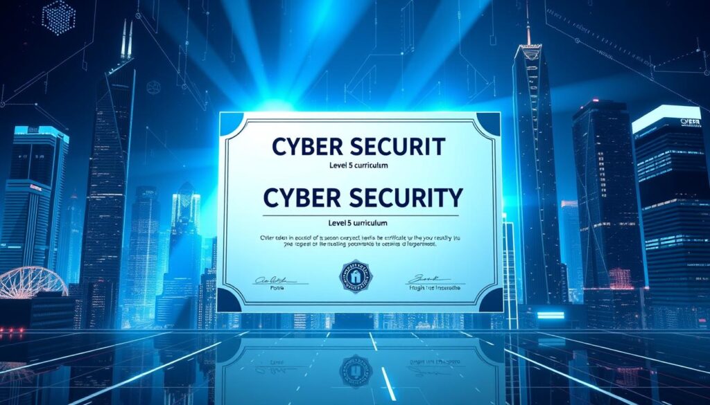 A digital certificate depicting the CYBER SECURITY Level 5 curriculum, centered against a futuristic cityscape backdrop. The certificate has a sleek, modern design with clean lines and a minimalist aesthetic. The cityscape features towering skyscrapers, holographic displays, and a network of glowing data streams. A beam of blue-white light illuminates the certificate, casting a cool, technological glow over the scene. The overall atmosphere is one of sophistication, innovation, and the cutting edge of cybersecurity education.