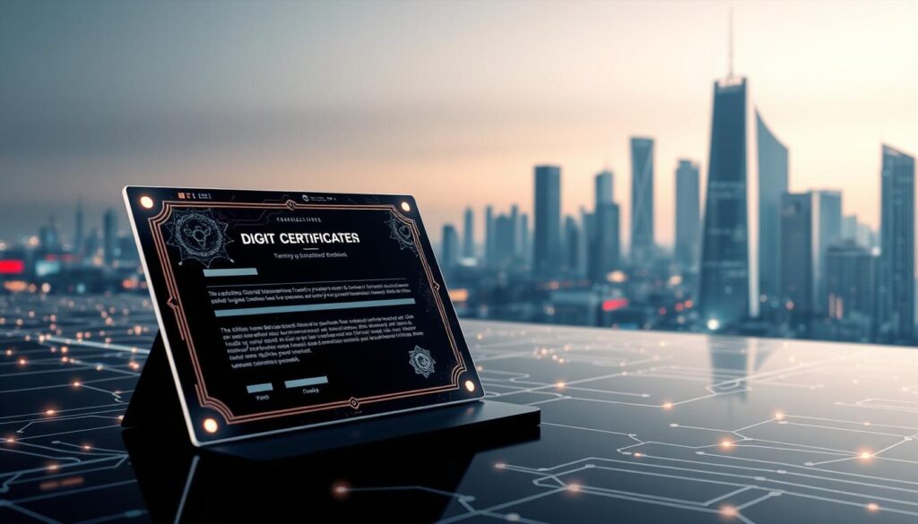 A digital certificate security concept with a futuristic aesthetic. In the foreground, a glowing holographic document representing a digital certificate, its intricate design suggesting advanced encryption and security measures. In the middle ground, a network of interconnected nodes and data flows, symbolizing the complex digital infrastructure supporting certificate validation. The background depicts a sleek, minimalist cityscape, its towering skyscrapers and luminous skyline conveying a sense of technological sophistication. Soft, directional lighting illuminates the scene, casting dramatic shadows and highlighting the crisp, high-tech details. The overall mood is one of modern, high-security digital trust.