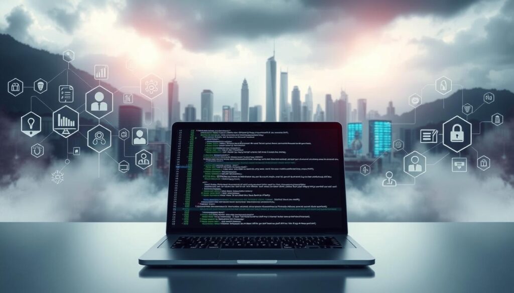 A digital landscape showcasing the core skills of cybersecurity. In the foreground, a sleek laptop displays intricate lines of code, representing the technical expertise required. Surrounding it, abstract symbols and icons symbolize networking, cryptography, and vulnerability analysis. In the middle ground, a futuristic cityscape with towering skyscrapers and glowing data centers conveys the complex, interconnected nature of modern cyber threats. The background is shrouded in a moody, hazy atmosphere, suggesting the ever-evolving challenges faced by cybersecurity professionals. Dramatic lighting and cinematic camera angles emphasize the high-stakes, high-tech nature of this vital field.