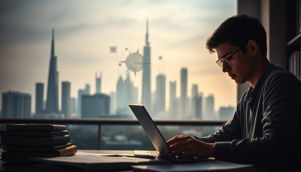 A dimly lit academic setting, showcasing the diverse array of cybersecurity degree programs. In the foreground, a student pores over a laptop, surrounded by textbooks and study materials. The middle ground features a cluster of abstract data visualizations, highlighting the technical depth of the curriculum. In the background, a sleek, futuristic skyline with towering skyscrapers reflects the high-tech, cutting-edge nature of the field. Soft, warm lighting casts a scholarly ambiance, while a subtle haze suggests the intellectual rigor required to master these advanced cybersecurity disciplines.