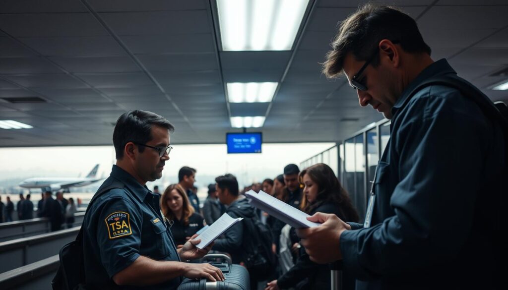 A dimly lit airport security checkpoint, with personnel in professional uniforms meticulously inspecting passengers' documents and belongings. The foreground features a TSA agent examining a traveler's carry-on luggage under the harsh glow of fluorescent lights, their expressions stern and focused. In the middle ground, a line of passengers patiently waiting their turn, faces a mix of apprehension and resignation. The background showcases the hustle and bustle of the terminal, with the distant silhouettes of airplanes taking off and landing against a hazy, overcast sky.
