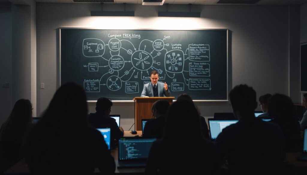 A dimly lit classroom with a chalkboard displaying a complex cybersecurity diagram. In the foreground, a group of students intently focused on their laptops, coding and analyzing data. The middle ground features a podium with an instructor gesturing towards the board, their face illuminated by the soft glow of a projector screen. Shadows cast by the task lighting create a sense of depth and intensity, capturing the serious, intellectual atmosphere of a comprehensive cybersecurity course. The background is blurred, hinting at the larger world of connected devices and digital networks beyond the classroom walls.