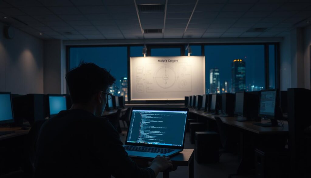 A dimly lit computer laboratory with rows of desks and modern workstations. In the foreground, a student sits intently, their gaze fixed on a laptop screen displaying lines of code and cybersecurity tools. The middle ground features a whiteboard with diagrams and notes on network architecture and security protocols. In the background, a large window provides a view of a cityscape at night, highlighting the ever-evolving nature of the digital landscape. Soft, ambient lighting creates a pensive atmosphere, suggesting the pursuit of knowledge and the challenge of staying ahead in the cybersecurity field.